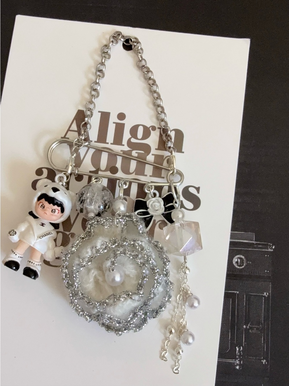 Handmade White and Silver Bag Charm Pin with character and camellia